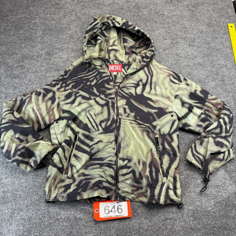 Diesel Mens Small Jacket Windbreaker Packable Hoodie CAMO Green Mens zip